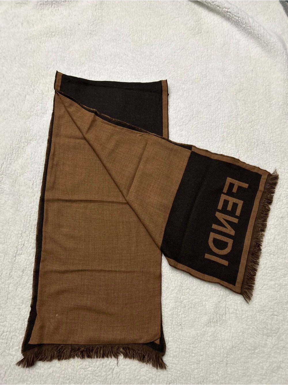 Fendi Brown & Dark Brown Logo Edge Knit Scarf